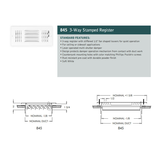 845 Series - 12" x 6" 3-Way Stamped Register in White