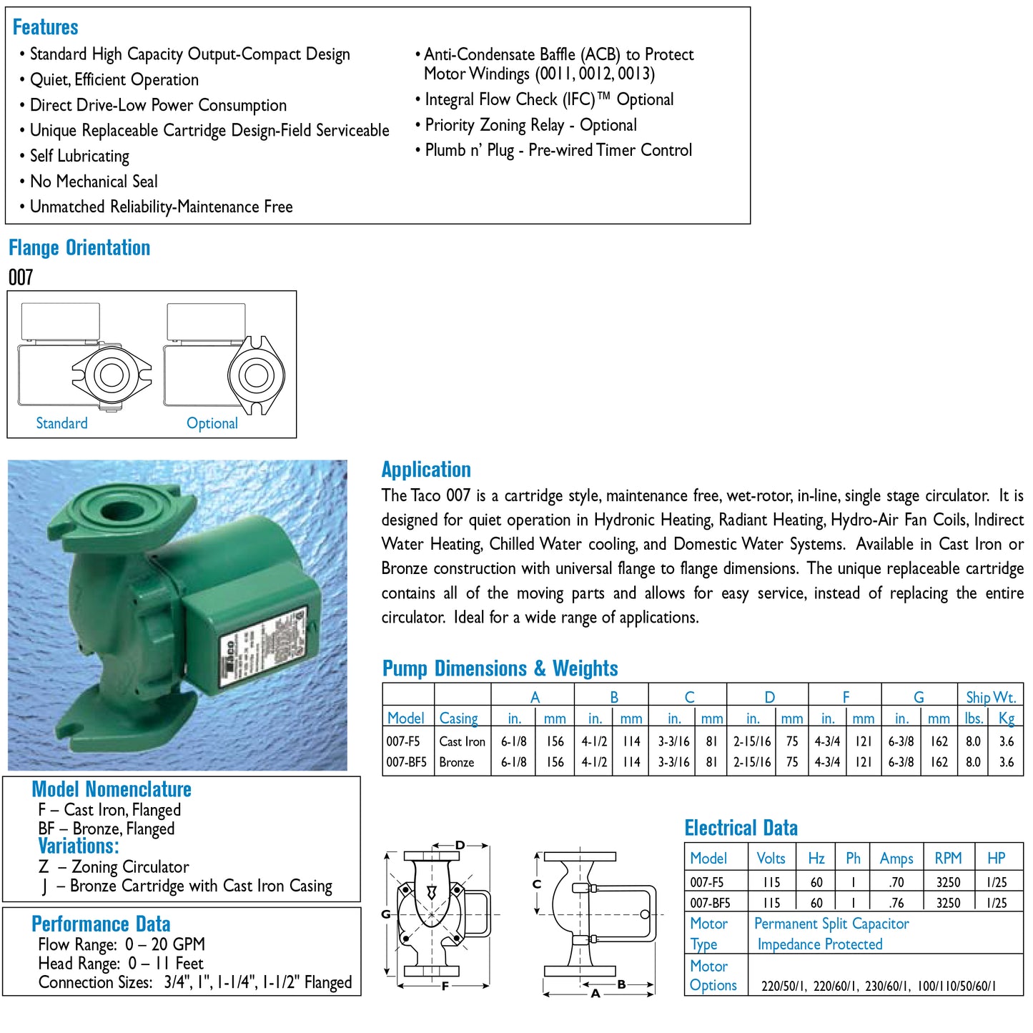 Taco 007-F5-7IFC - Cartridge Circulator - Cast Iron, Standard Flanged, Integral Flow Check, 1/25 HP