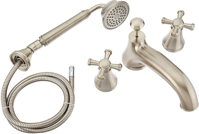 Toto TB220S#BN - 4 HOLE Double Handle Deck Mounted Roman Tub Filler with Hand Shower and Metal Cross