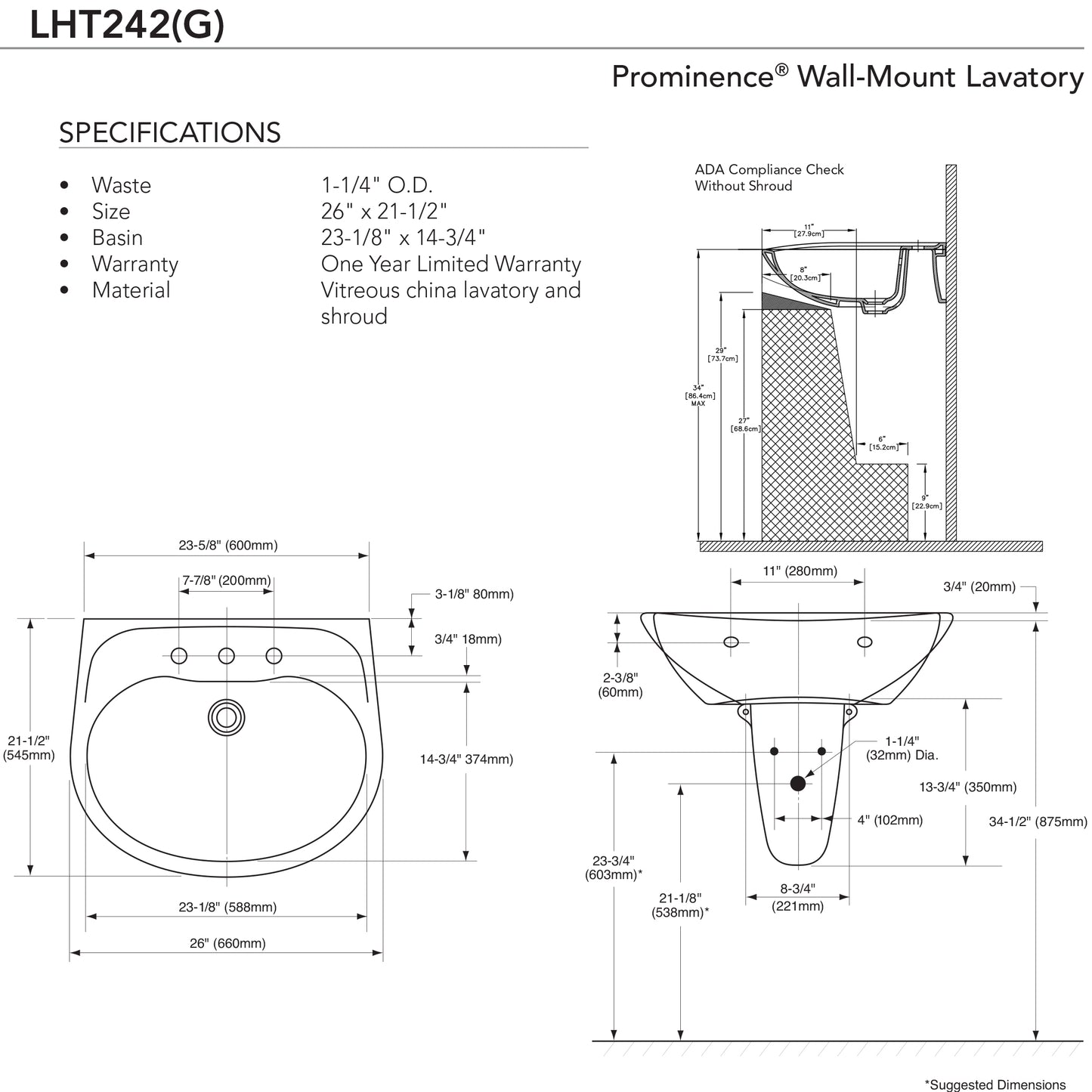 Toto LT242.8G#01 - Prominence 8" Faucet Centers Wall Mount Bathroom Sink - Cotton White