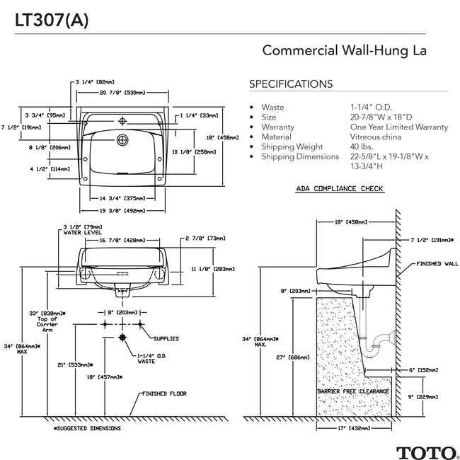 Toto LT307#01 - Single Hole Commercial Wall-Hung Bathroom Sink - Cotton White