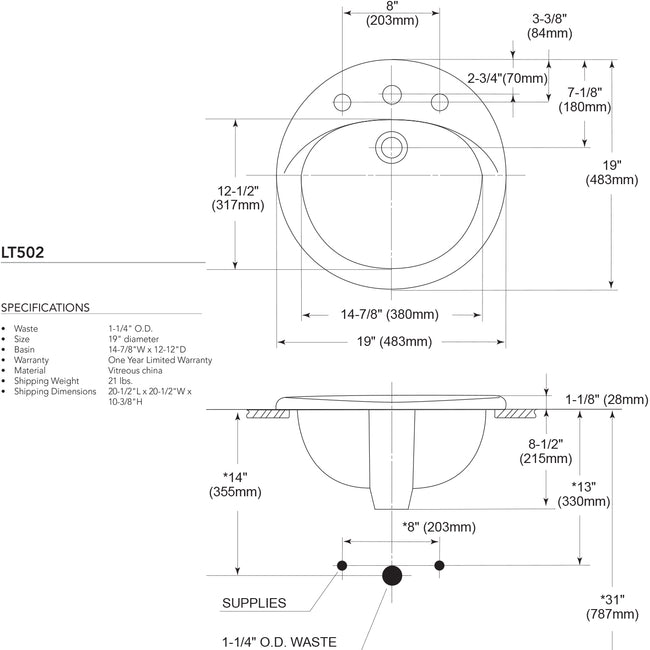 Toto LT502.4#03 - 19" Round Self Rimming Bathroom Sink, 4" Faucet Centers - Bone