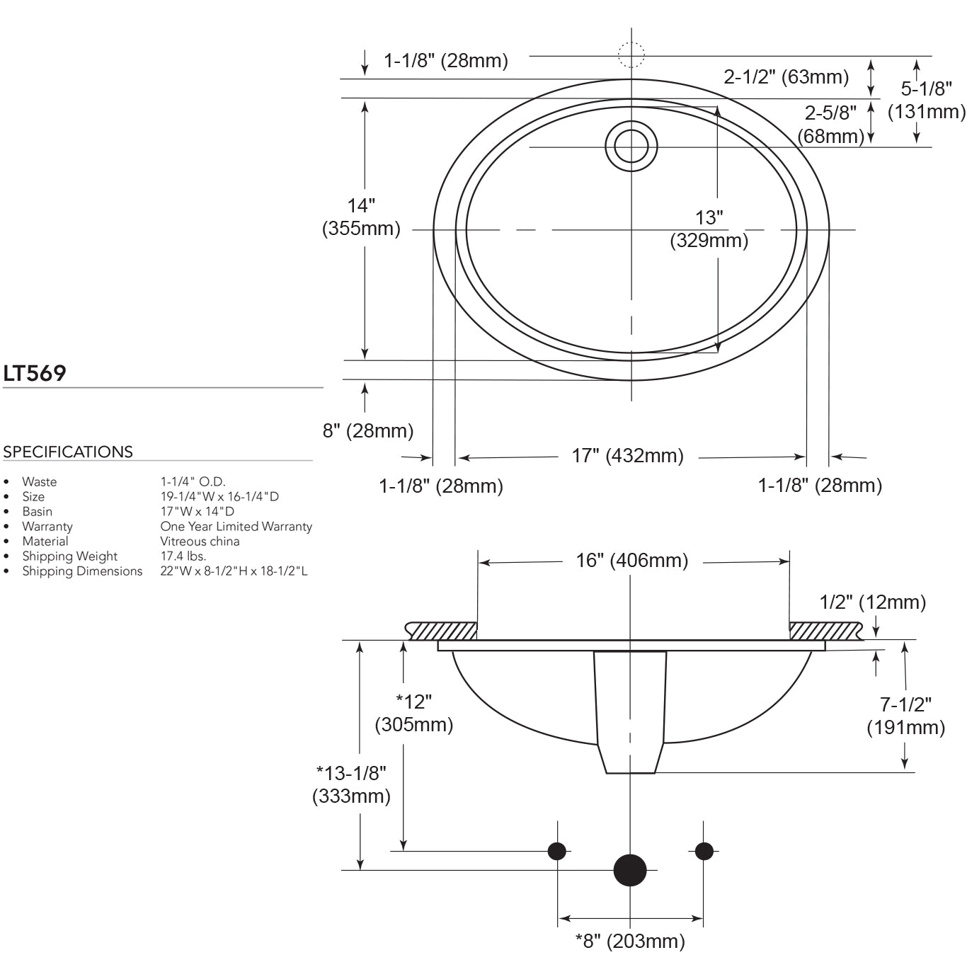 LT569#03 - 17" x 14" Undermount Bathroom Sink - Bone