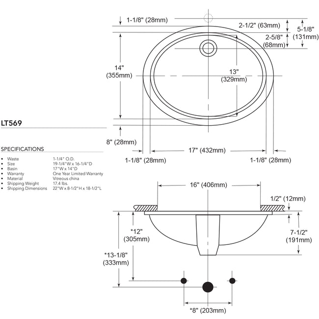 LT569#03 - 17" x 14" Undermount Bathroom Sink - Bone