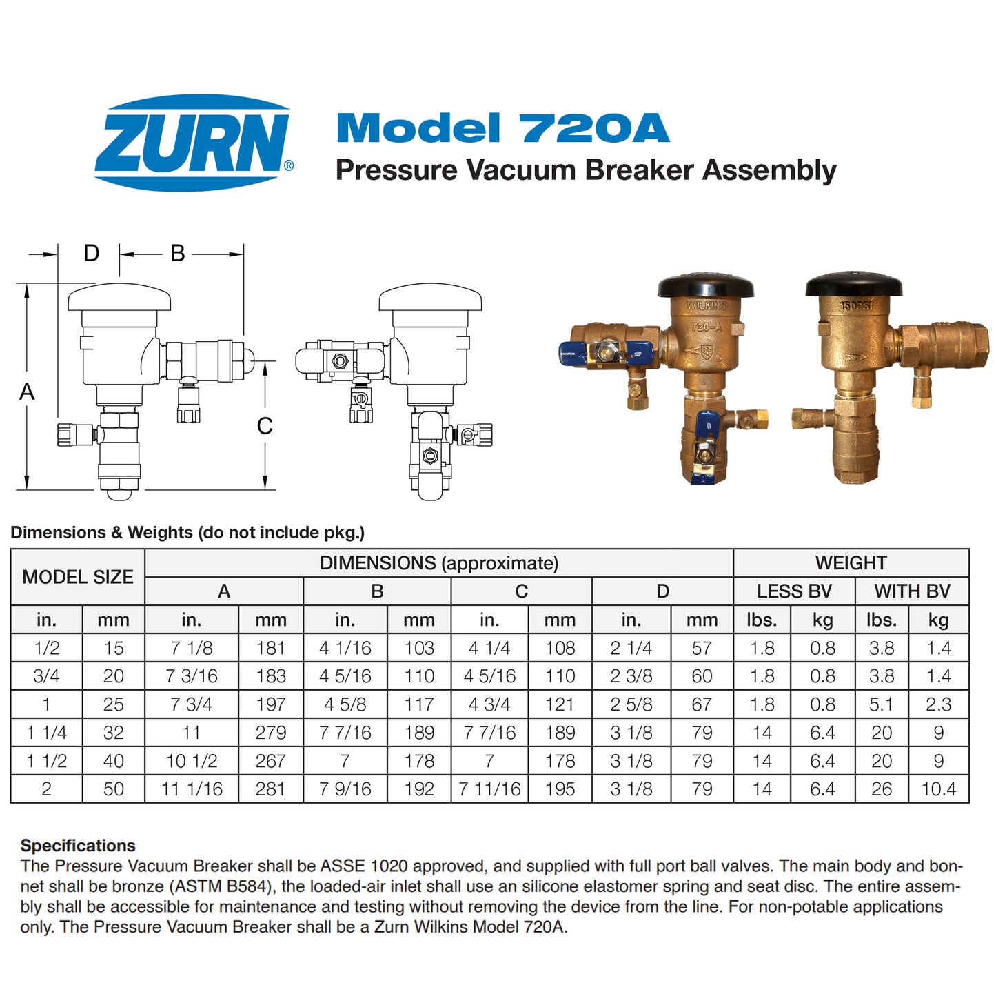 Zurn Wilkins 720A Pressure Vacuum Breaker Assembly